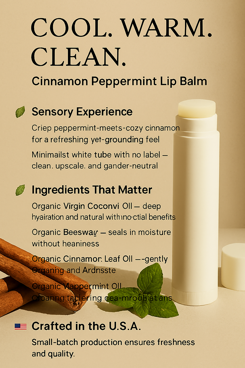 Handcrafted All‑Natural Lip Balm Coconut Oil Beeswax Cinnamon Peppermint 4  Pack